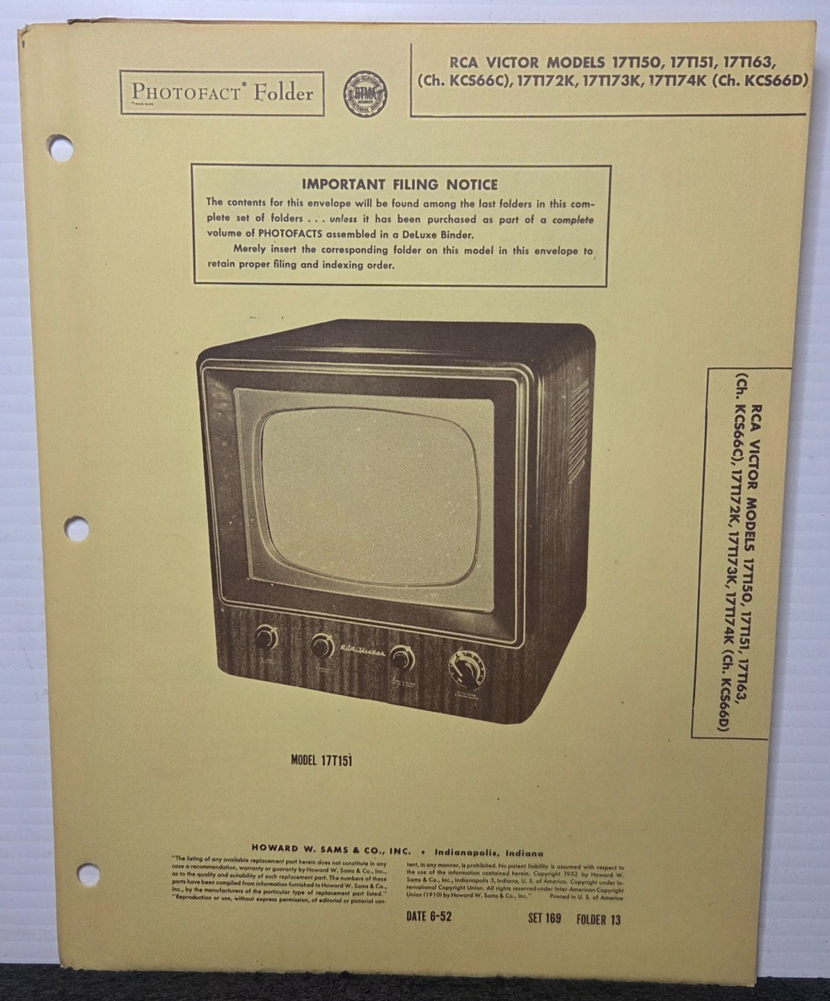 SAMS TELEVISION SERVICE MANUAL 169-13 RCA VICTOR 17T150 17T151 17T163 JCS66C
