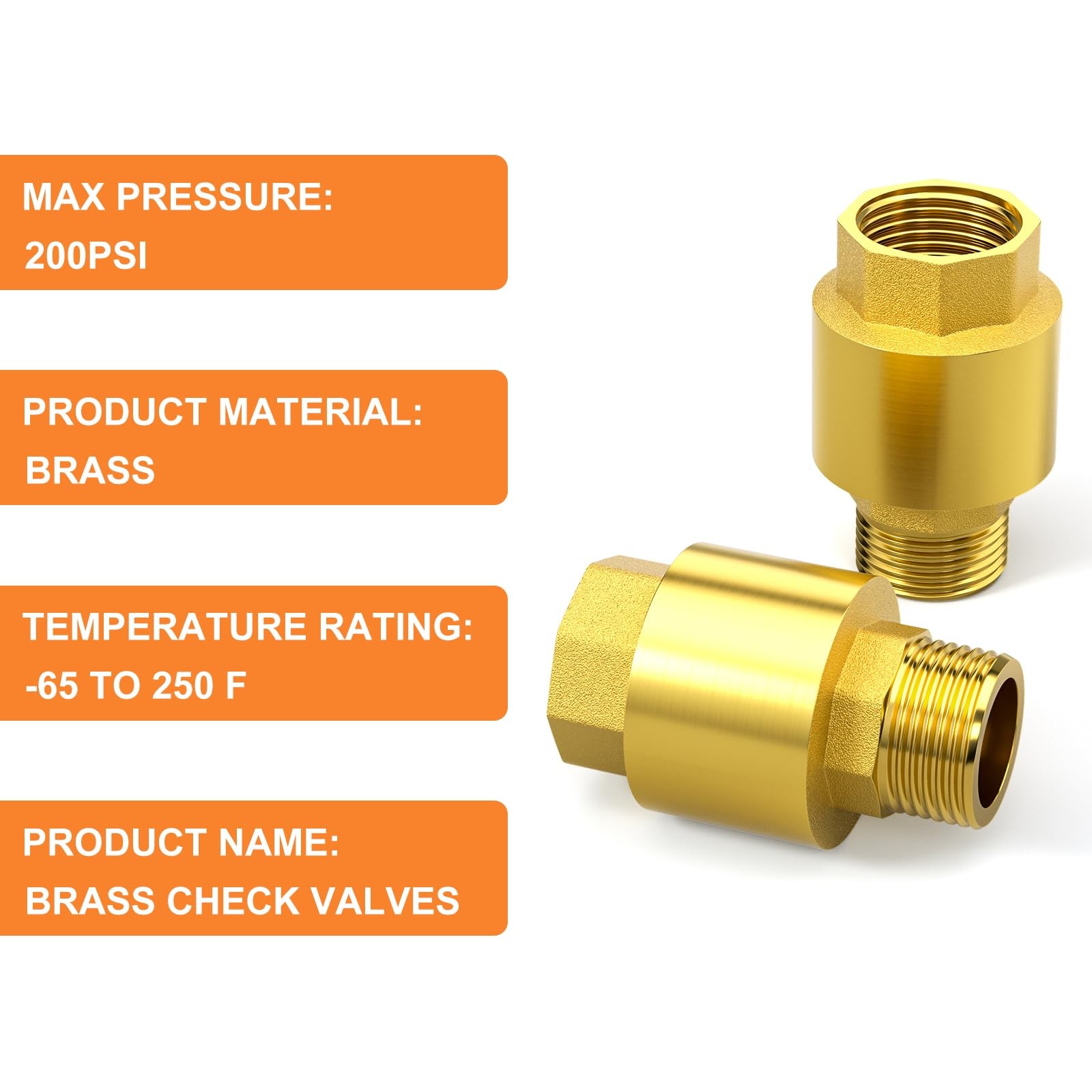 2PCS Brass Check Valve DN15 1/2 Female and Male Thread, Backflow Prevention, One