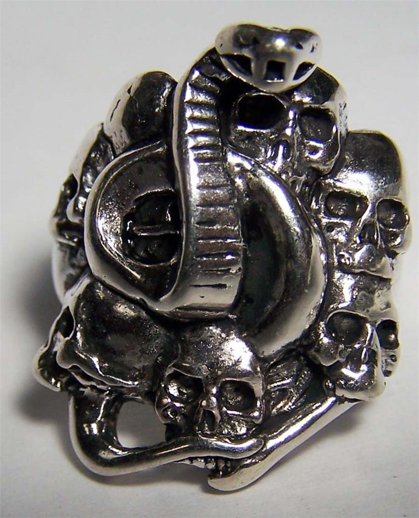 DELUXE SNAKE IN PILE OF SKULLS BIKER RING #BR211 MEN WOMENS jewelry SILVER SKULL