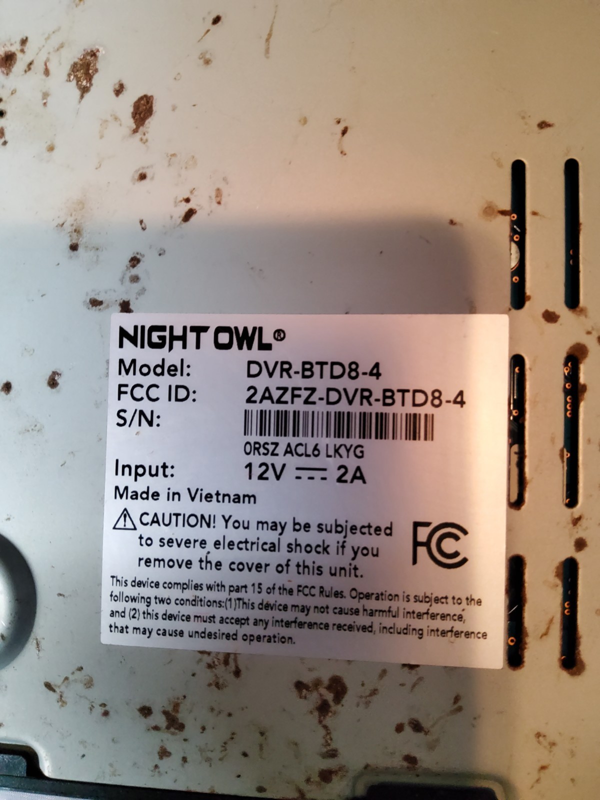 Night Owl DVR Model DVR-BTD8-4 Parts Only