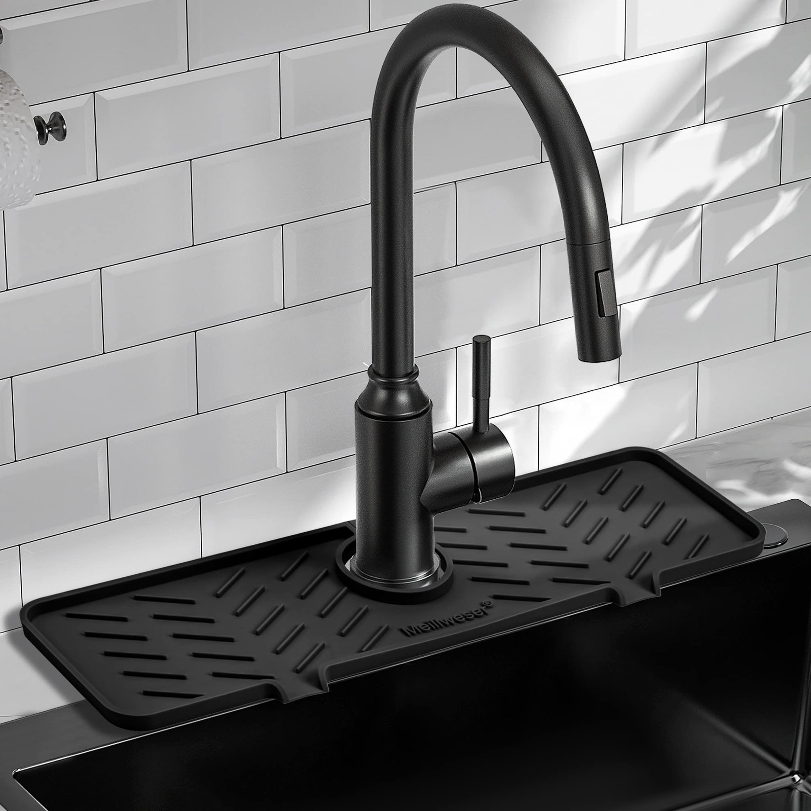 Meiliweser Silicone Faucet Mat for Kitchen Sink – Gen 2 Splash 18 in, Black