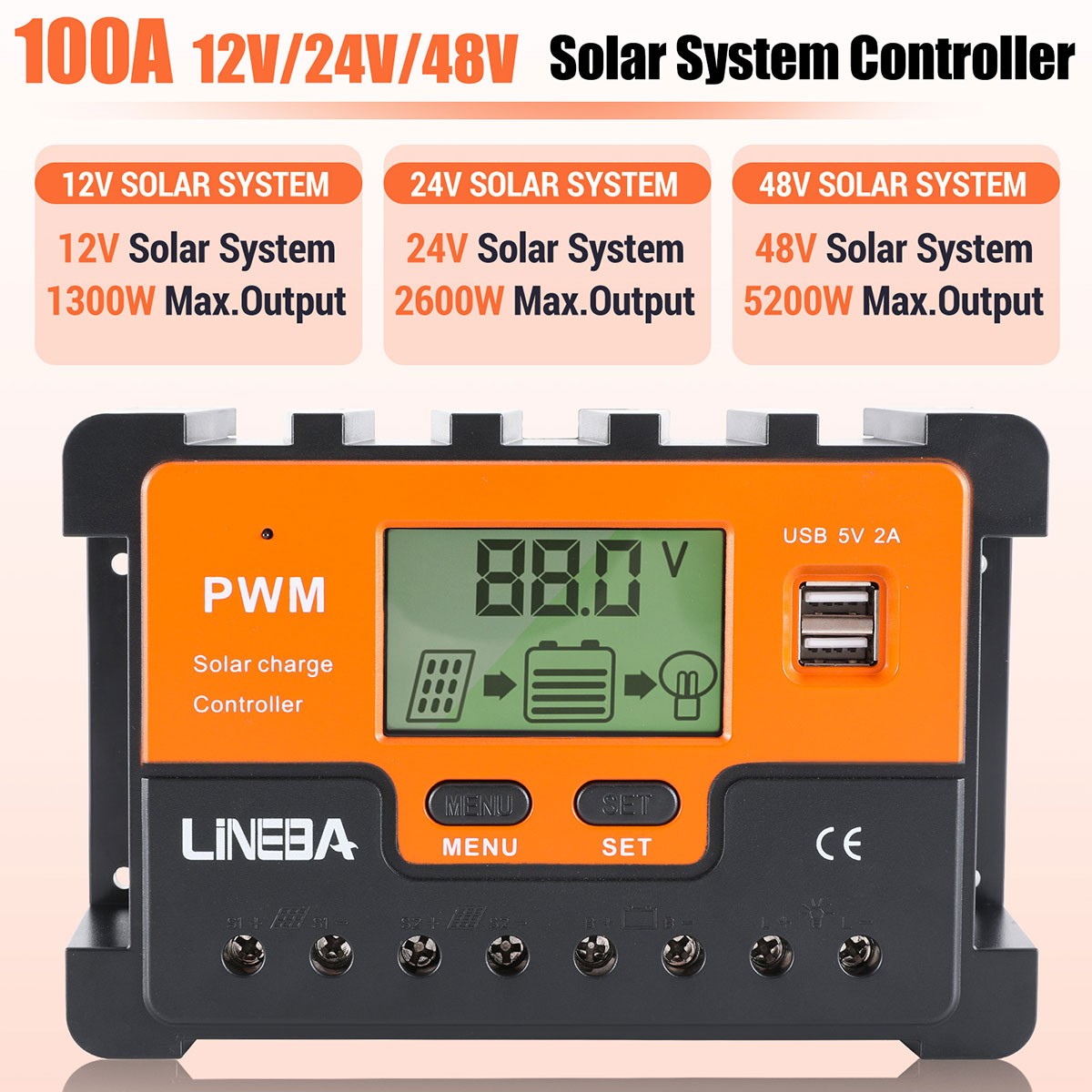 PWM Solar Panel Regulator Charge Controller 12V/24V/48V Auto Focus Tracking 2USB