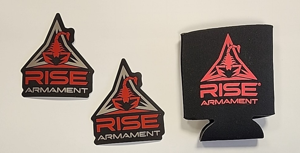2 - Rise Armament Stickers. 1 - Rise Armament Cozy Cooler.