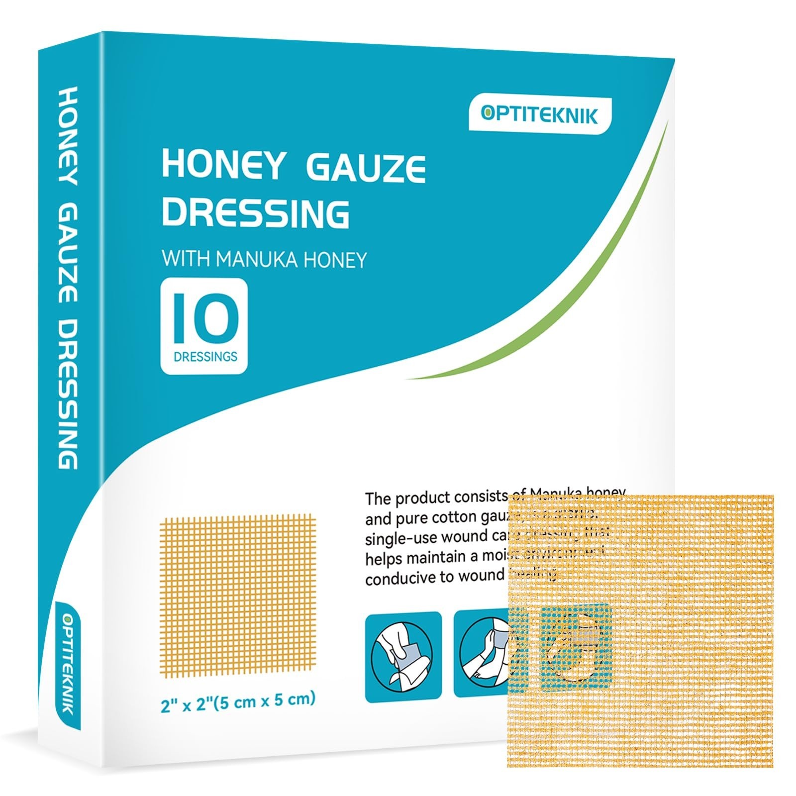 Manuka Honey Gauze Dressing 2"x2" Pack of 10, Manuka Honey Wound Care Bandage...