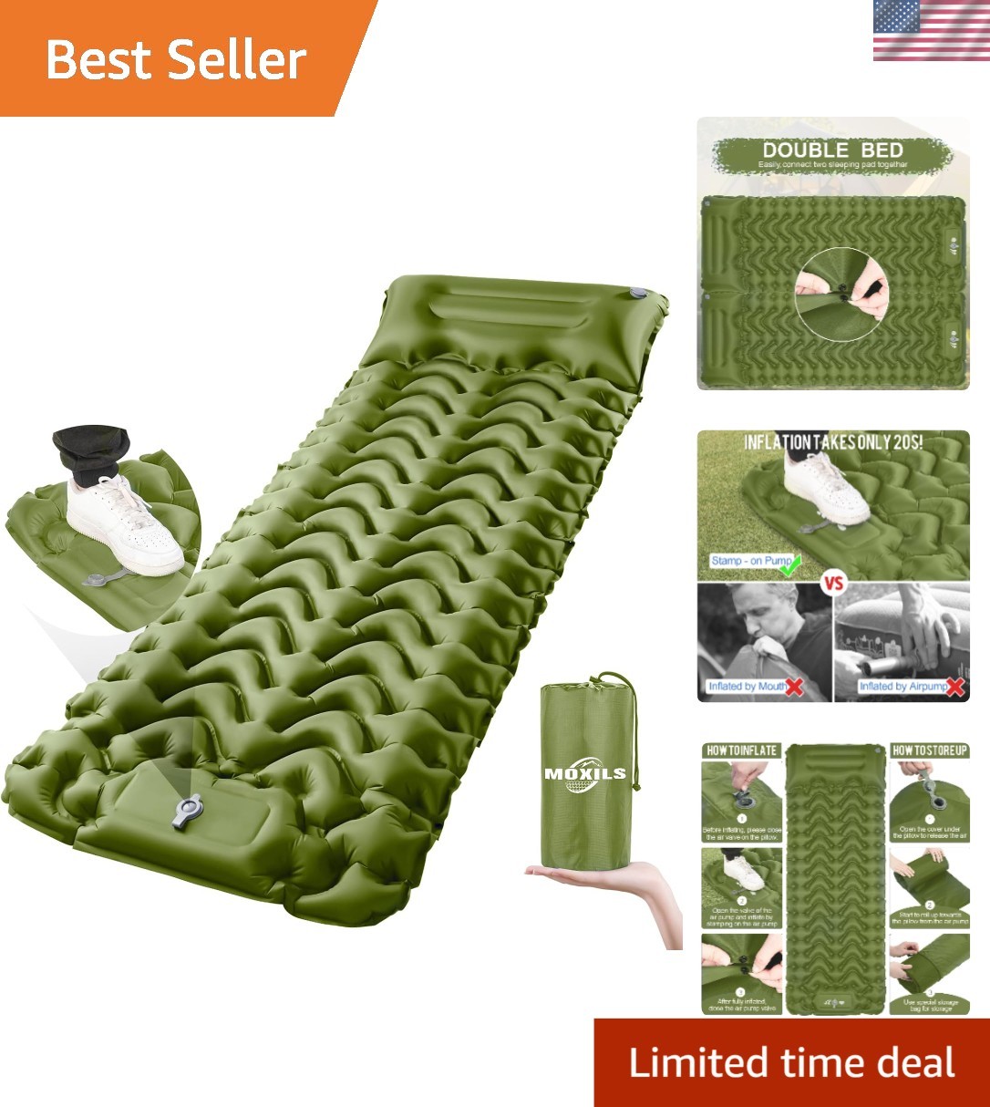 Ultralight Inflatable Sleeping Pad - Built-in Pump, Compact & Waterproof - Green