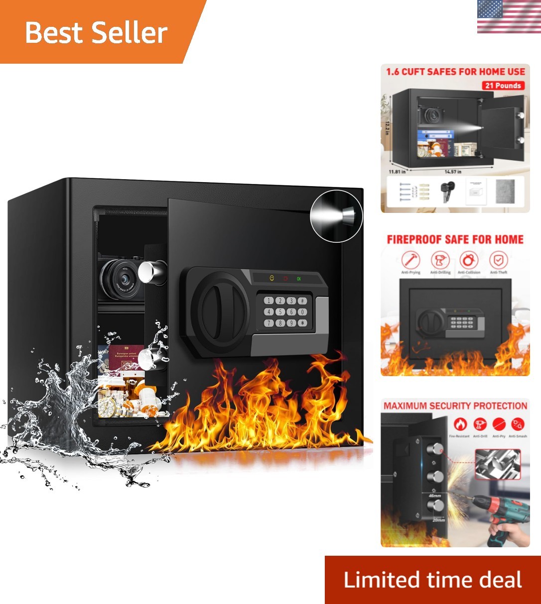 1.6 Cub Fire Proof Safe for Home Documents, Anti-Theft Digital Security Box w...