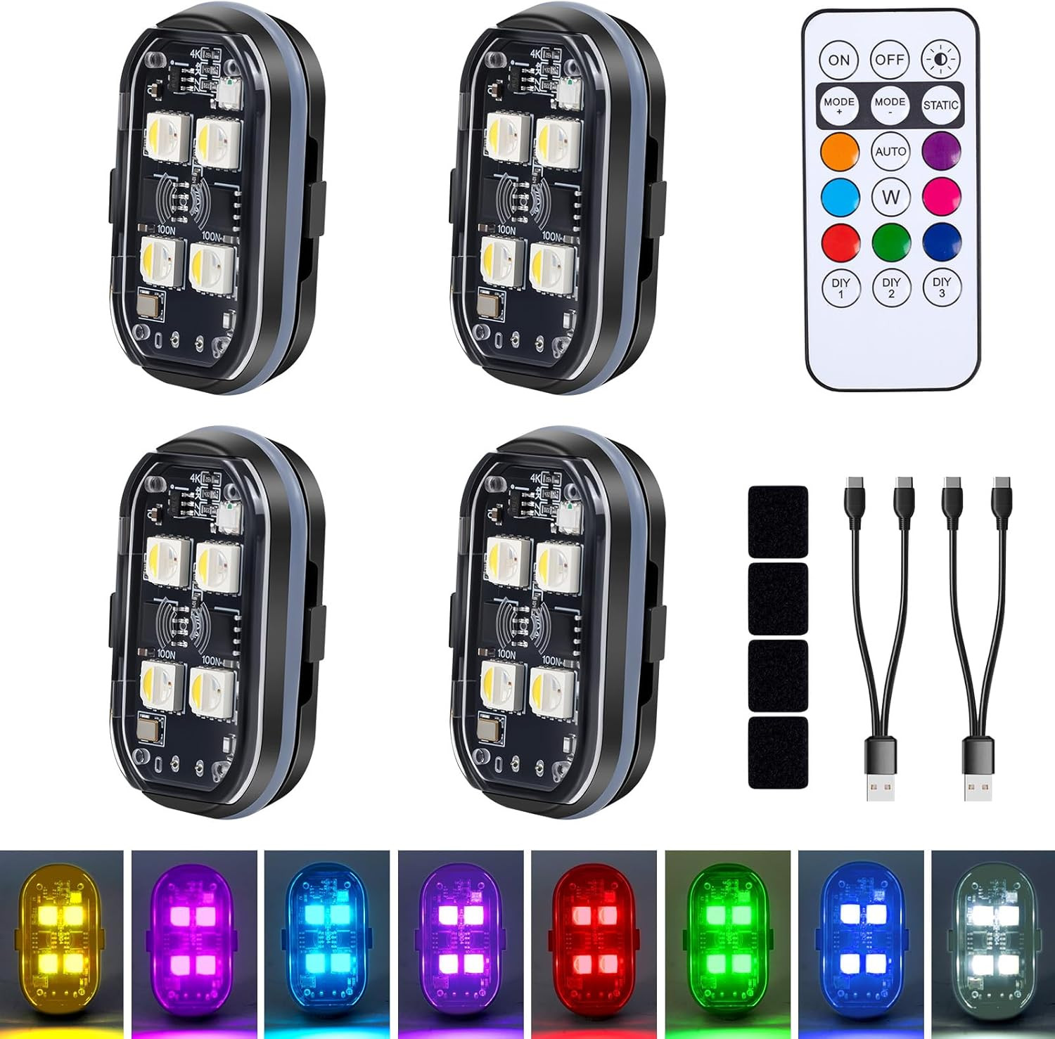 Upgraded 4Leds 4PCS Wireless LED Strobe Lights with Remote Control, 8 Colors Typ