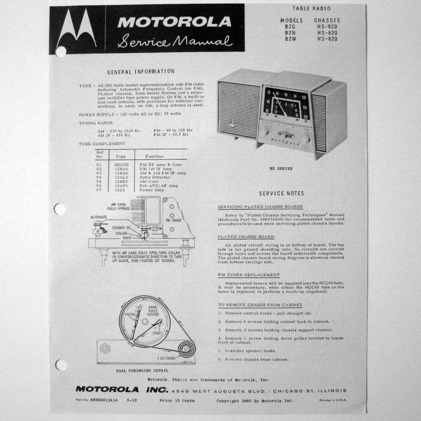 Motorola ® Models B2G B2N B2W Table Top Radio Service Manual © 1960