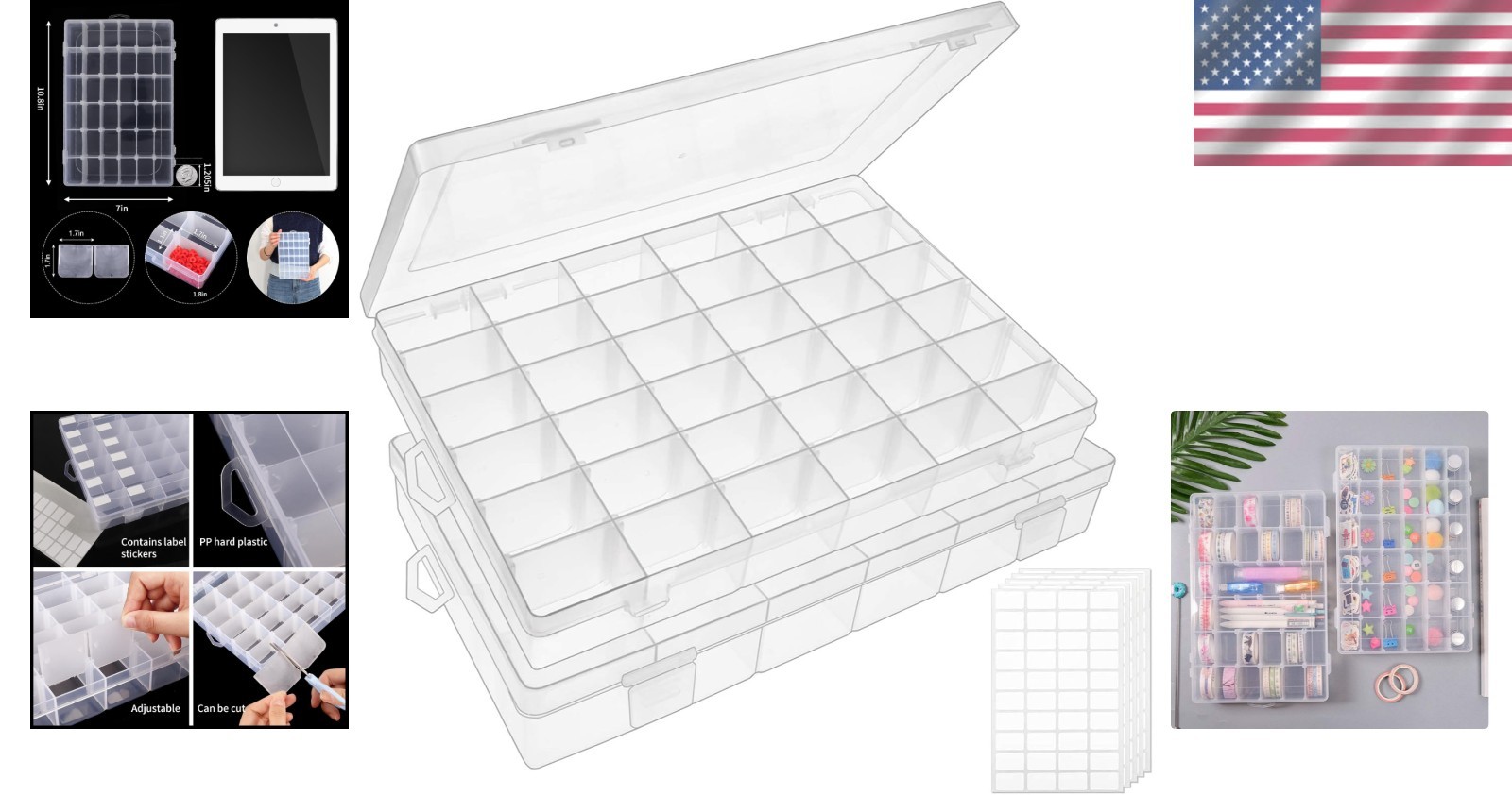 Clear Adjustable Plastic Storage Boxes with 36 Compartments for Beads & Picks