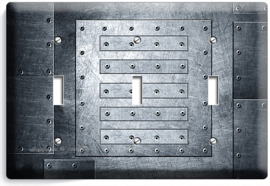 MATAL GRUNGE STEEL RIVETS LOOK LIGHT SWITCH 3 GANG PLATES MAN CAVE GAREGE DECOR