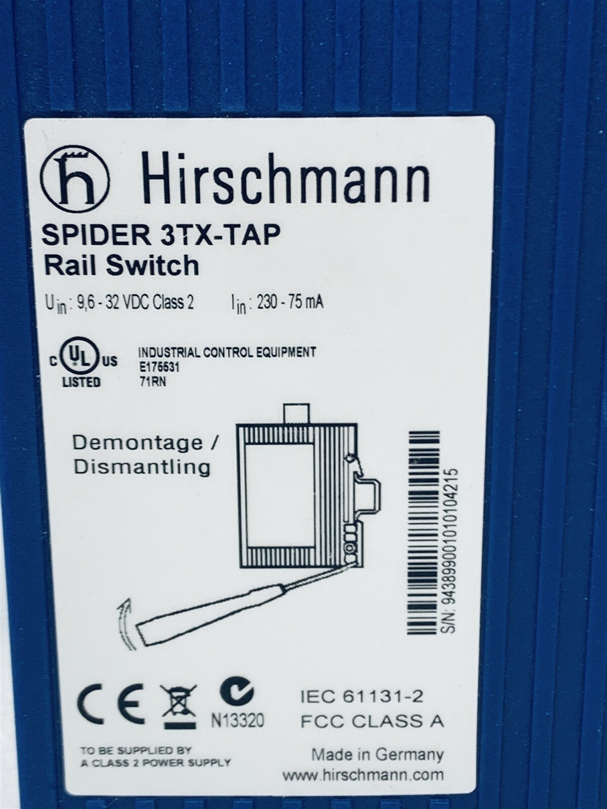 HIRSCHMANN SPIDER 3TX-TAP RAIL SWITCH NEW/UNUSED SURPLUS
