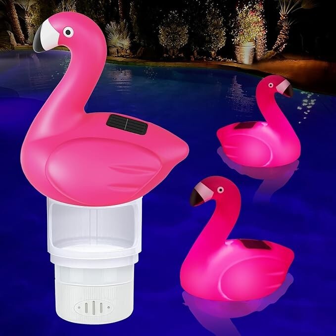 Flotador de cloro solar para piscina, flotador de cloro Flamingo de 7 pulgadas.