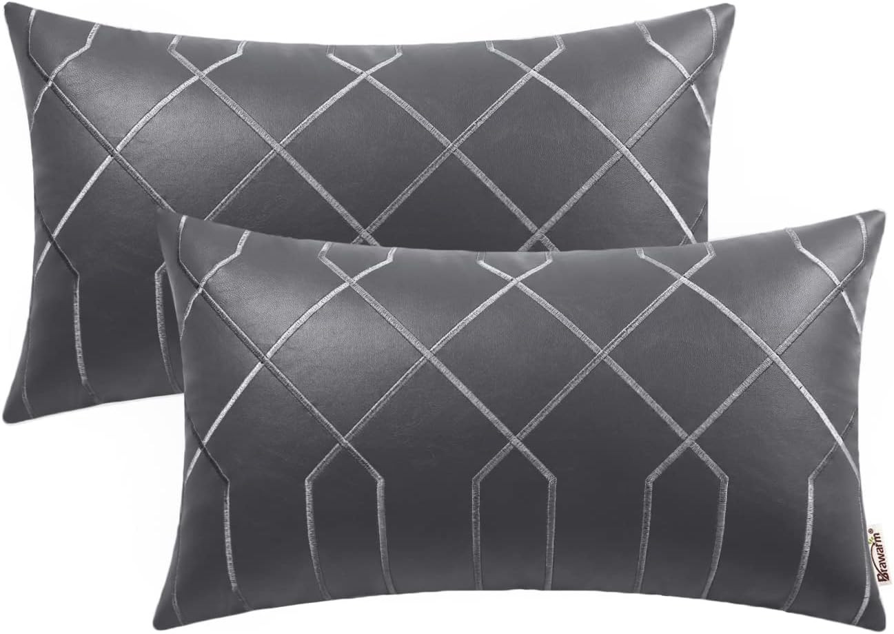 Leather Pillow Covers 12 X 20 Inches - Gray Faux Leather Lumbar Pillow Covers Pa