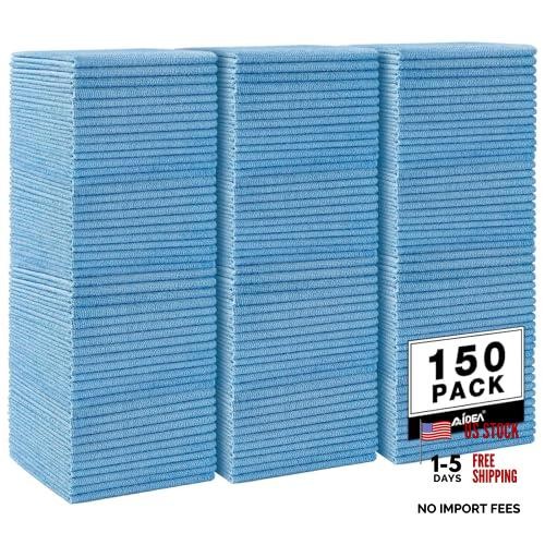 Microfiber Cleaning Cloth,Shop Rags, Microfiber Towels for Cars, 150PK Blue