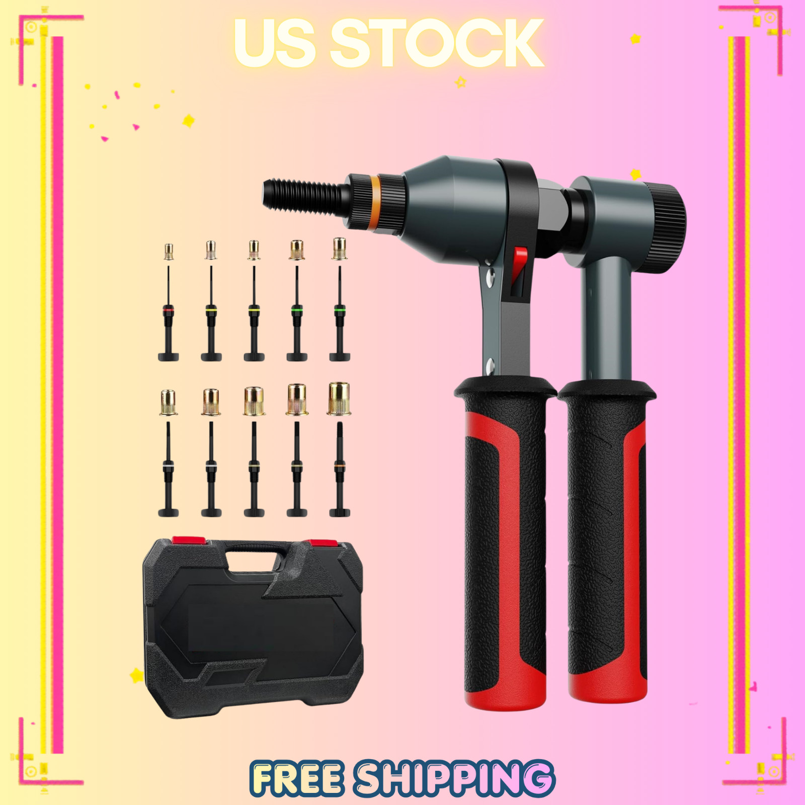 Professional Ratchet Rivet Nut Tool Kit - 10 SAE/Metric Mandrels & 100 Rivnuts