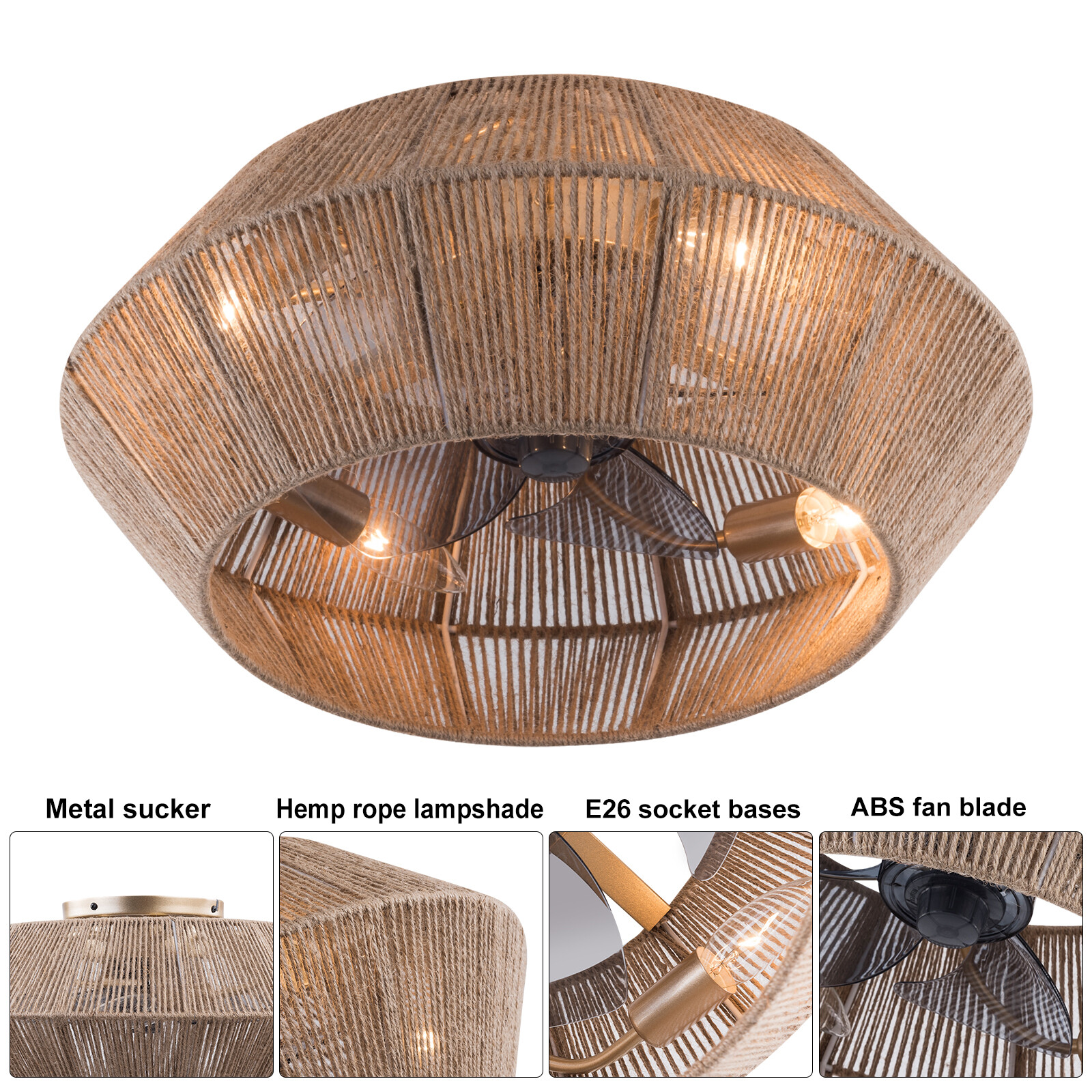 Boho Ceiling Fan Rattan Caged Flush Mount Fan Light +Remote Control Ceiling Fan