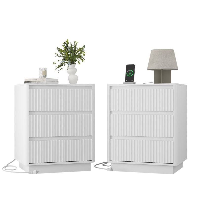 Set of 2 End Table Side Table Night Stand, Fast USB C Charging Station,3 Drawers