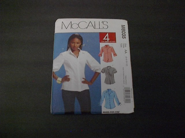 McCall's Pattern 6035 Misses' Button Front Shirt w/Sleeve Variations  6 ~ 12 Unc