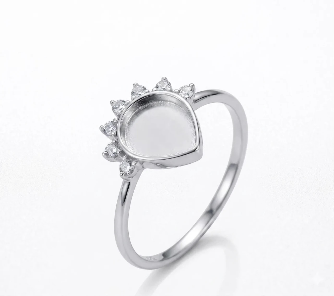8x6mm Pear Cut Semi Mount Ring 925 Sterling Silver Tiara Crown Accented Ring