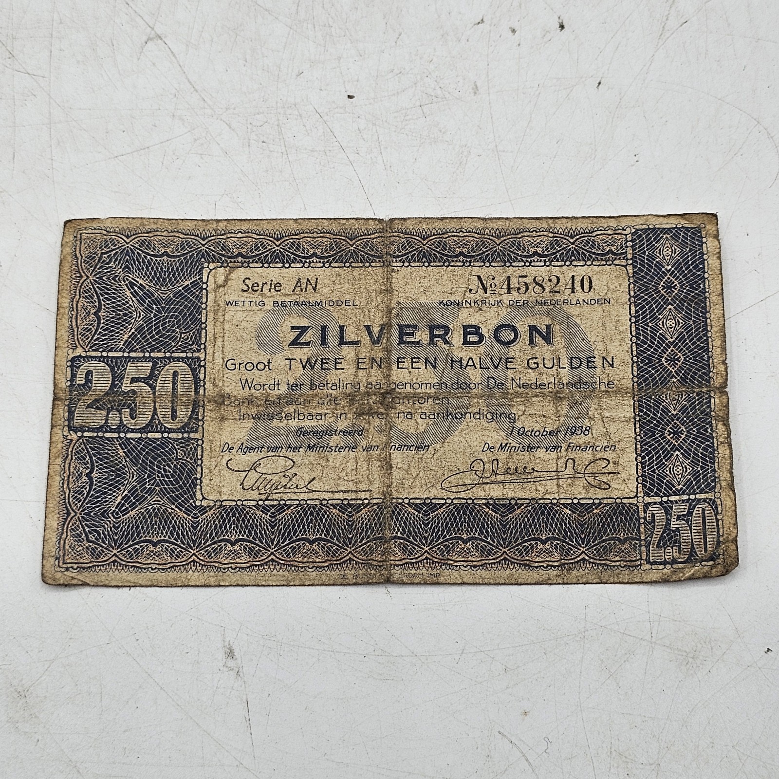 Vintage Netherlands 2½ Gulden Silver Voucher October 1938