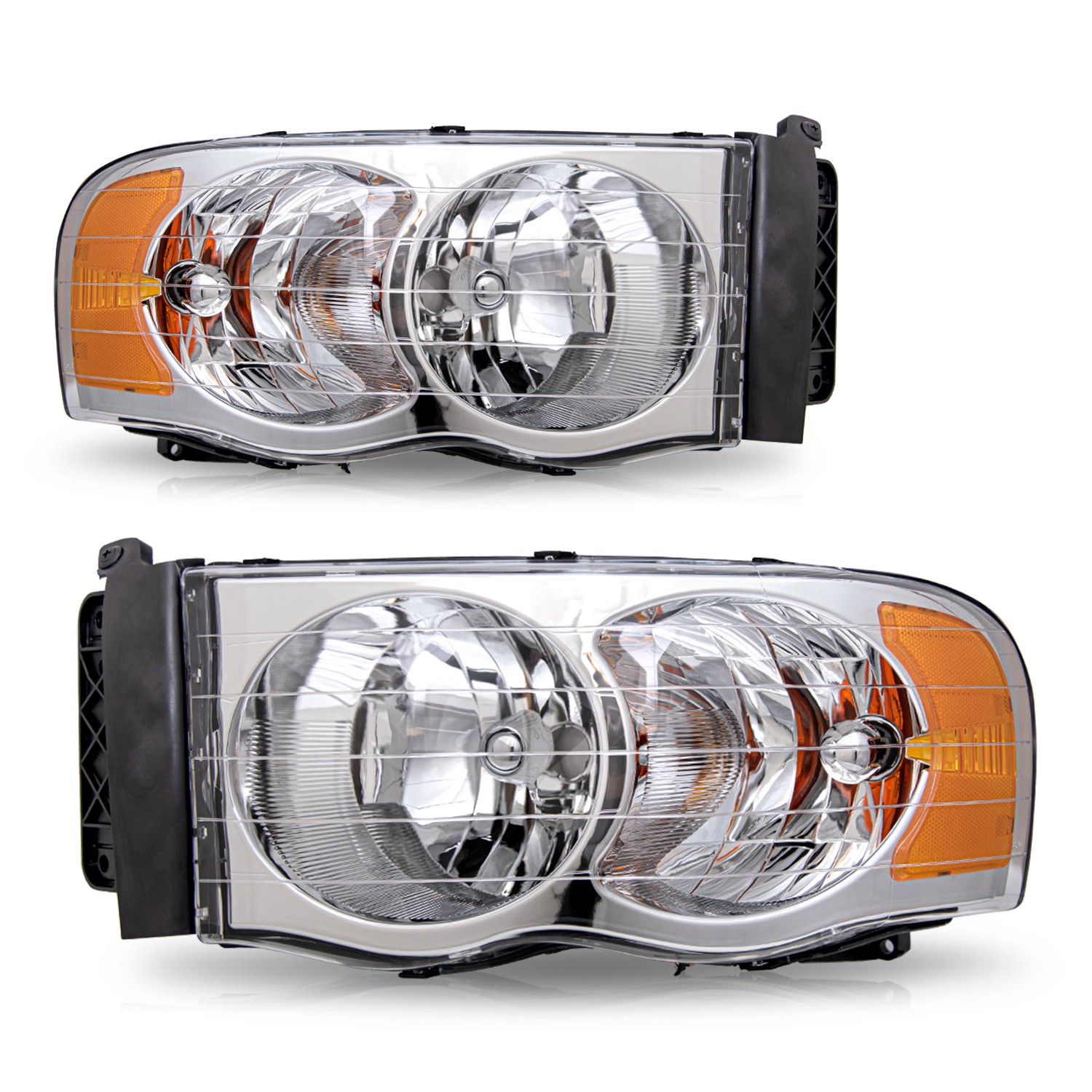 Pair Headlights For 2002-2005 Dodge Ram 1500 2500 3500 Chrome Amber Headlamps
