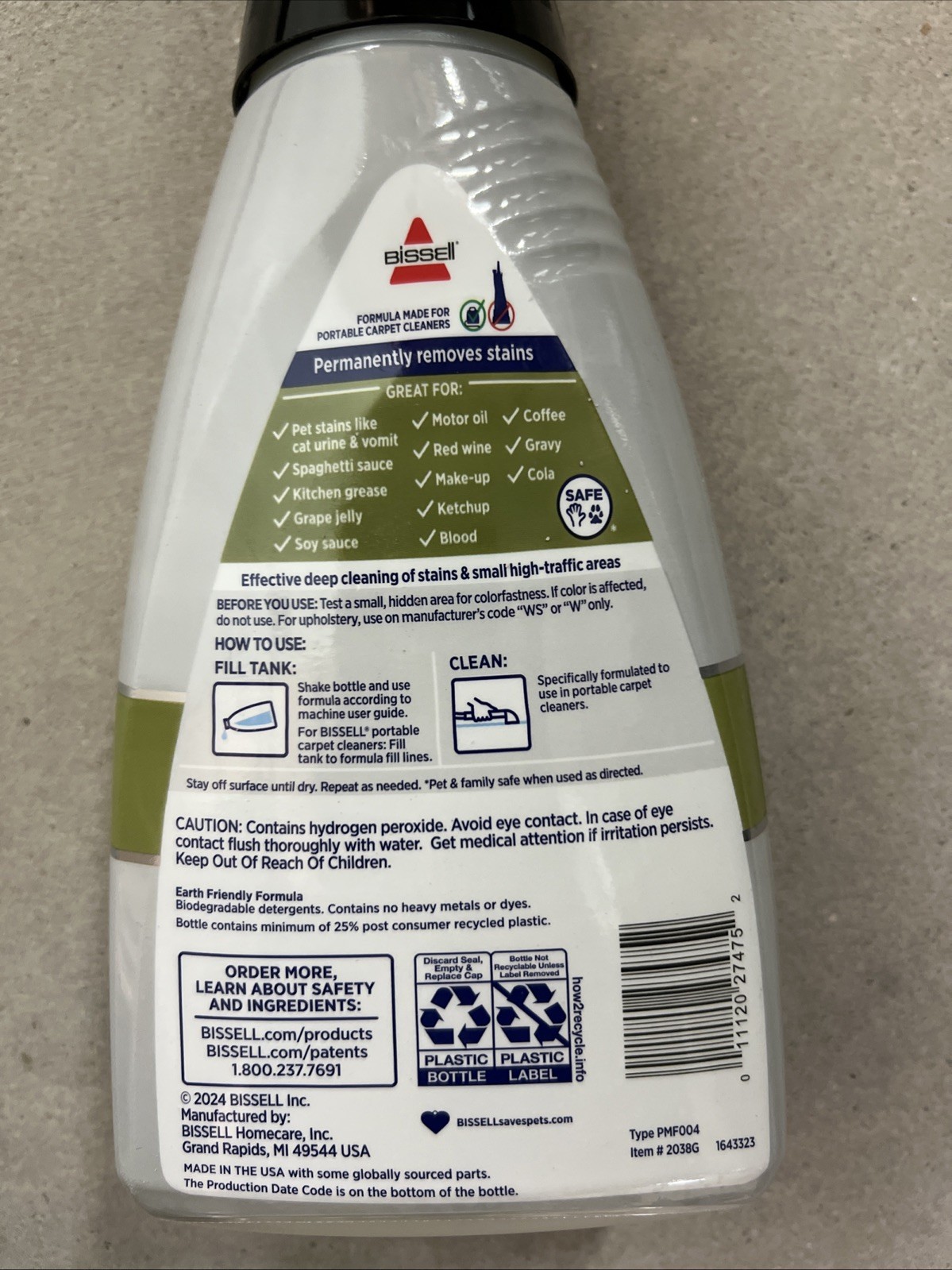 Bissell Little Green Spot&Stain Formula for Carpet Cleaners, 2038G Oxy 32 Fl Oz