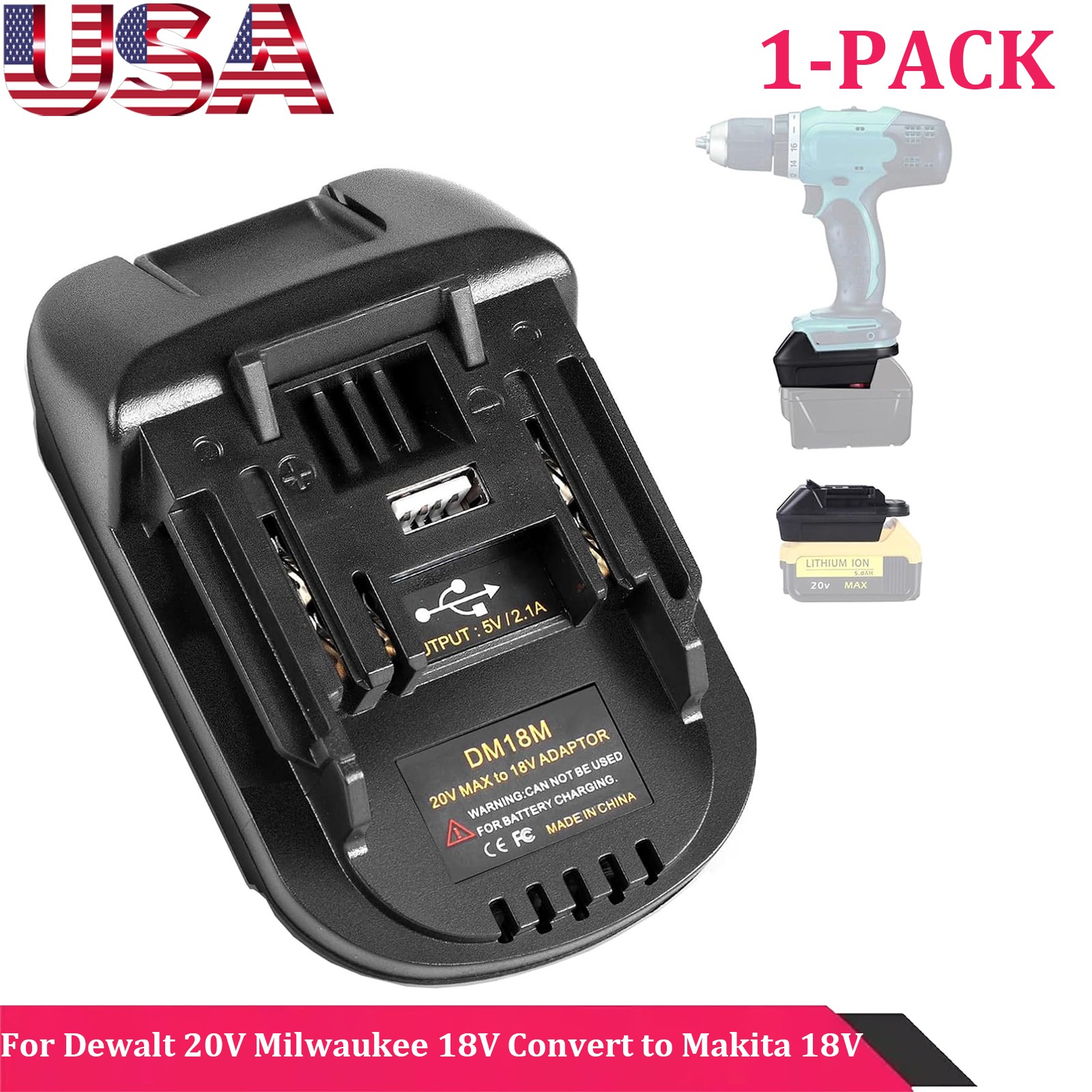 1X USB Battery Adapter for Dewalt 20V Milwaukee 18V Convert to Makita 18V Tool