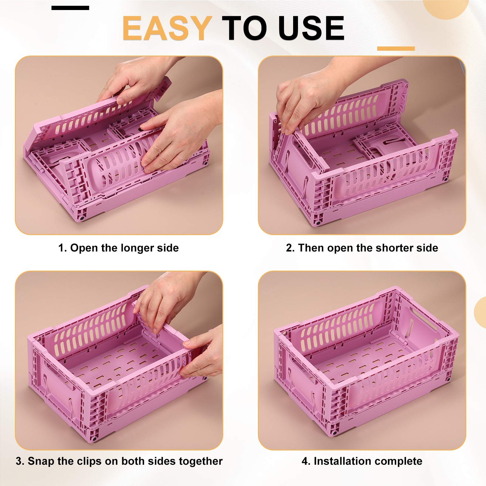 Collapsible Crates, 11.7x7.8x4.7" Small Plastic Storage Baskets, Light Pink
