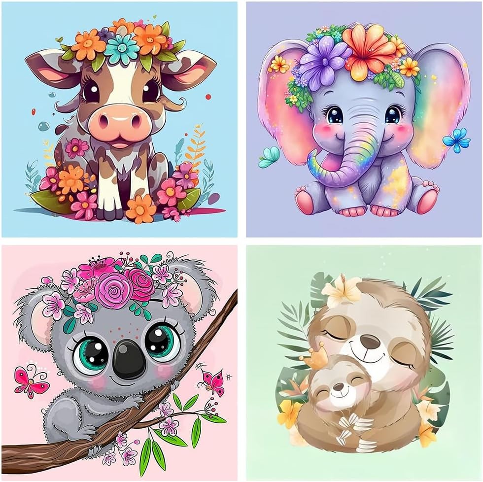 bleihum 4 Pack Paint by Numbers for Kid (8"x8")Frameless, Animal