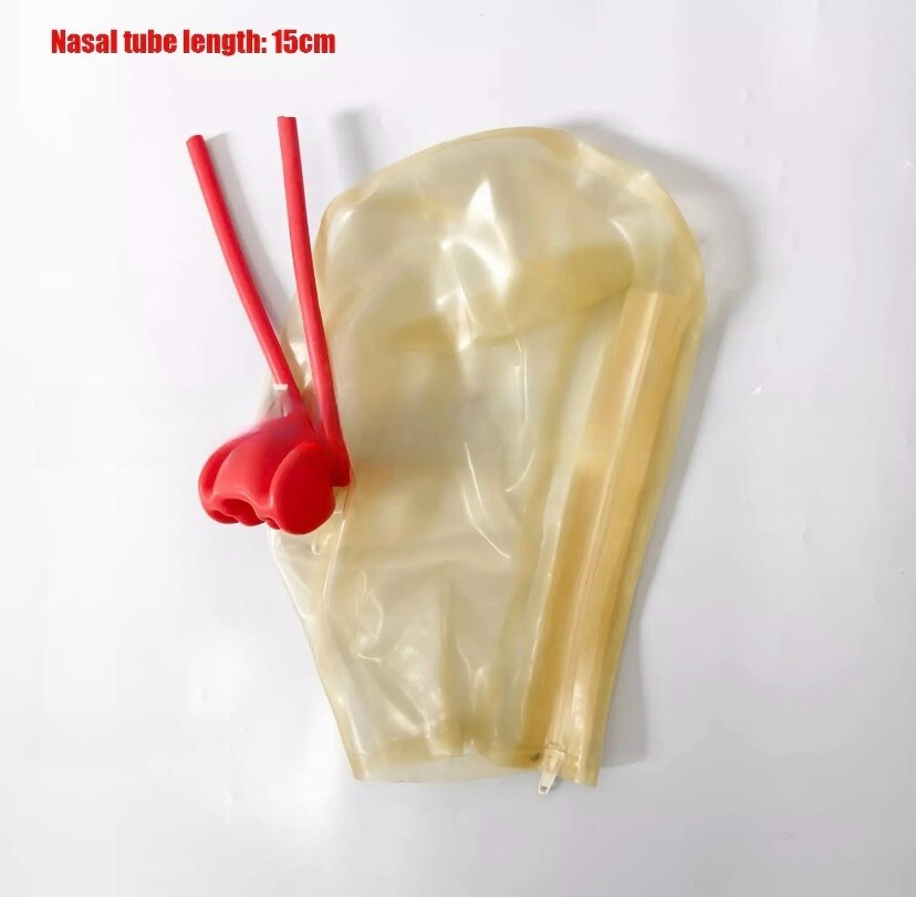 Latex Fetish Hood w/ Teeth Gag&Long Nasal Tube Transparent Rubber Mask Back Zip