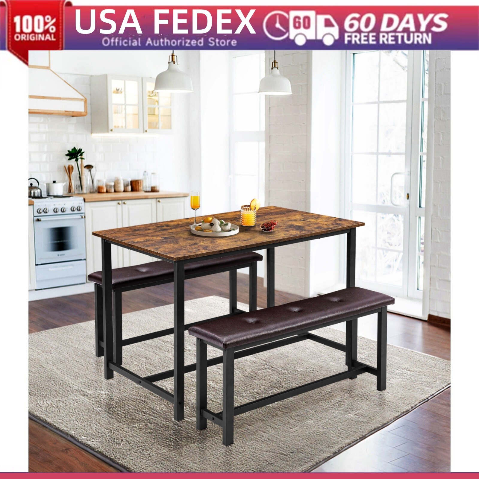 Dining Table Set for 4 Kitchen Table with 2 Upholstered Benches Rectangular