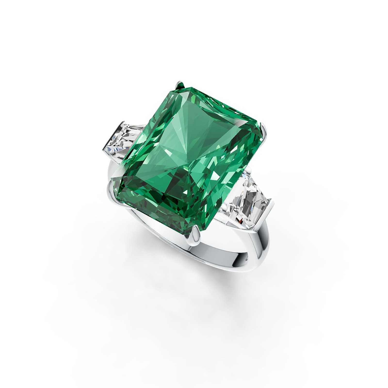 Sterling Silver Semi Mount Ring Setting Emerald OCT 16X12mm BG 6X5mm 3-Stone