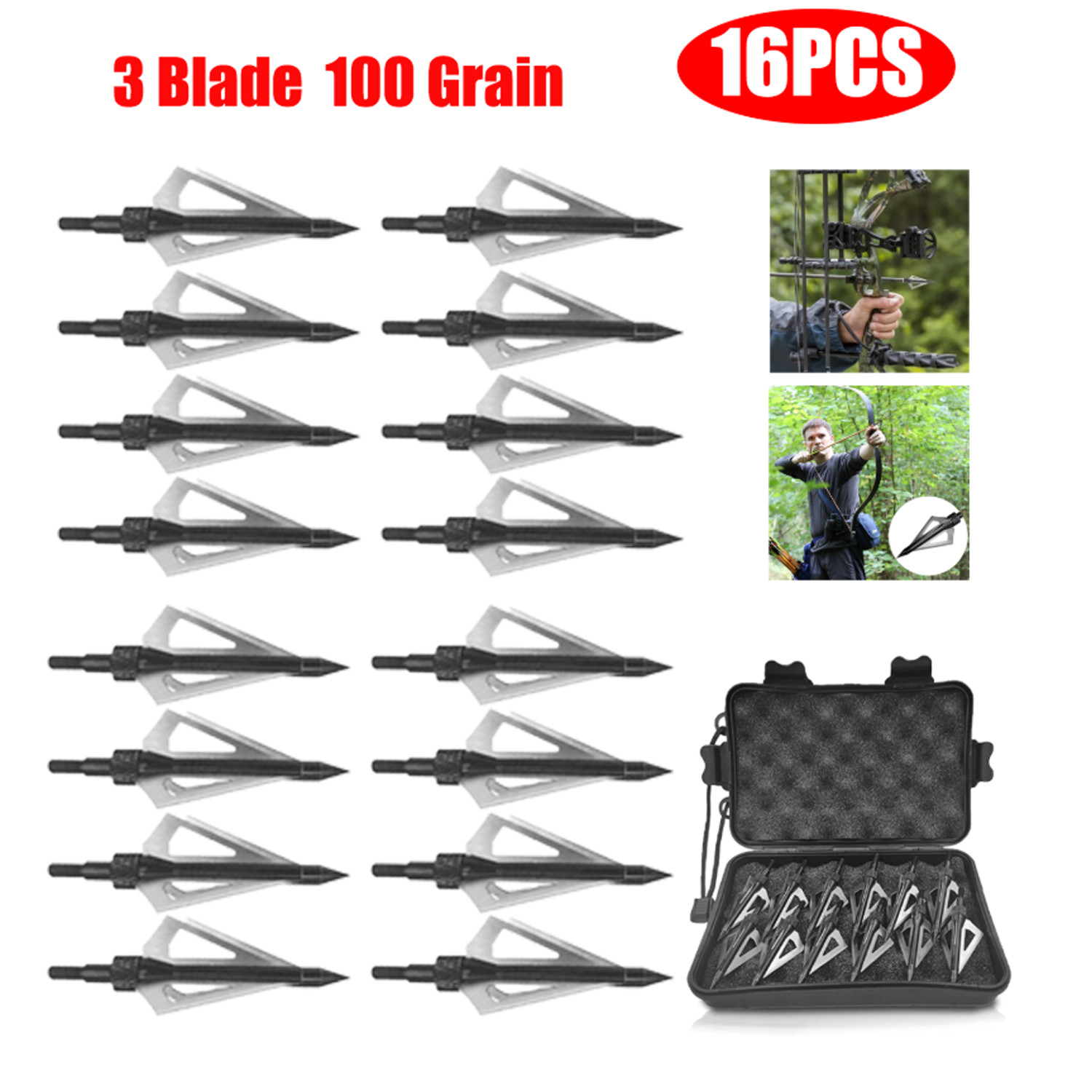 16Pcs Archery Broadheads 3Blade 100Grain Hunting Crossbow Compound Bow Arrow Tip
