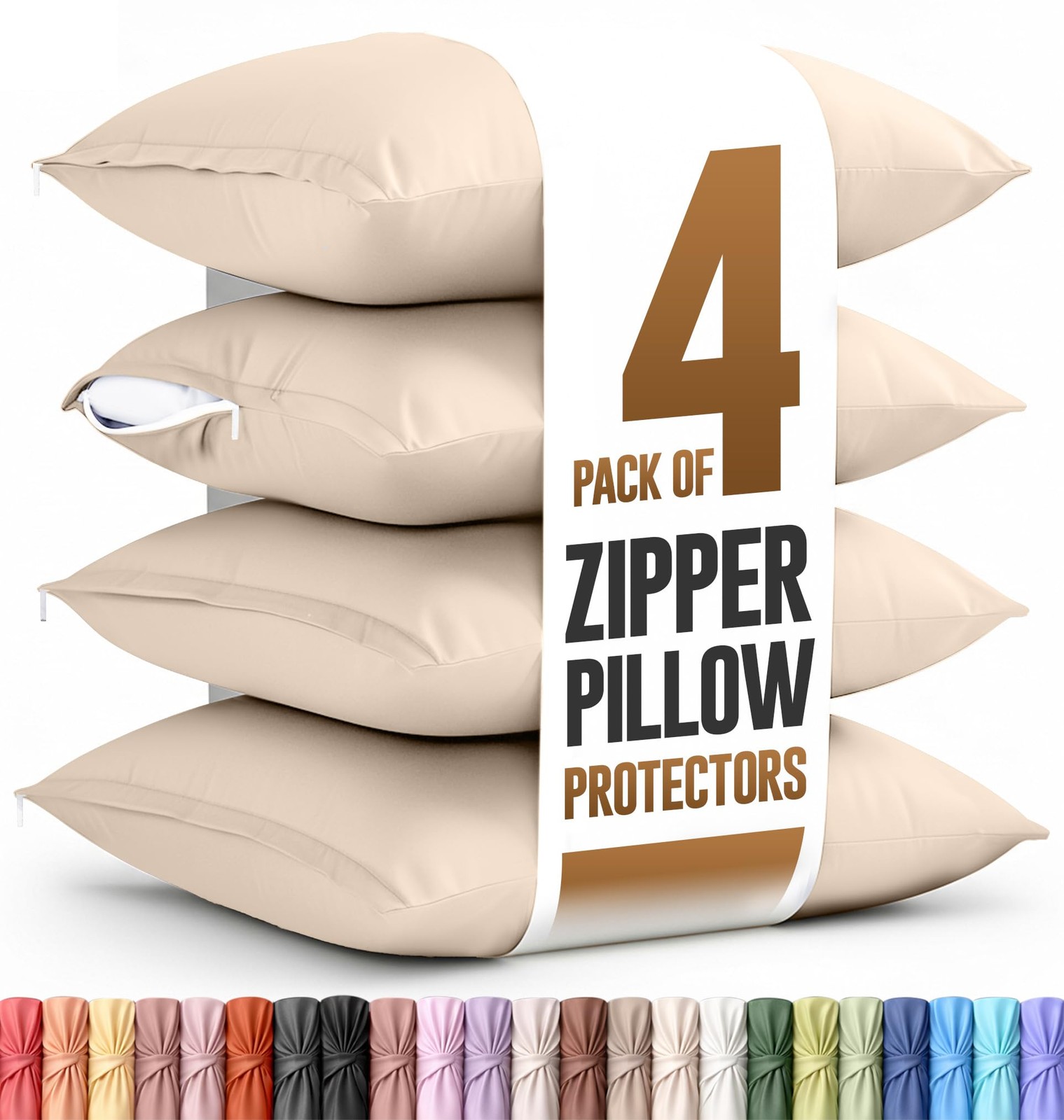 Queen Size Pillow Protectors 4 Pack with Zipper, Soft Microfiber, Fade Resistant