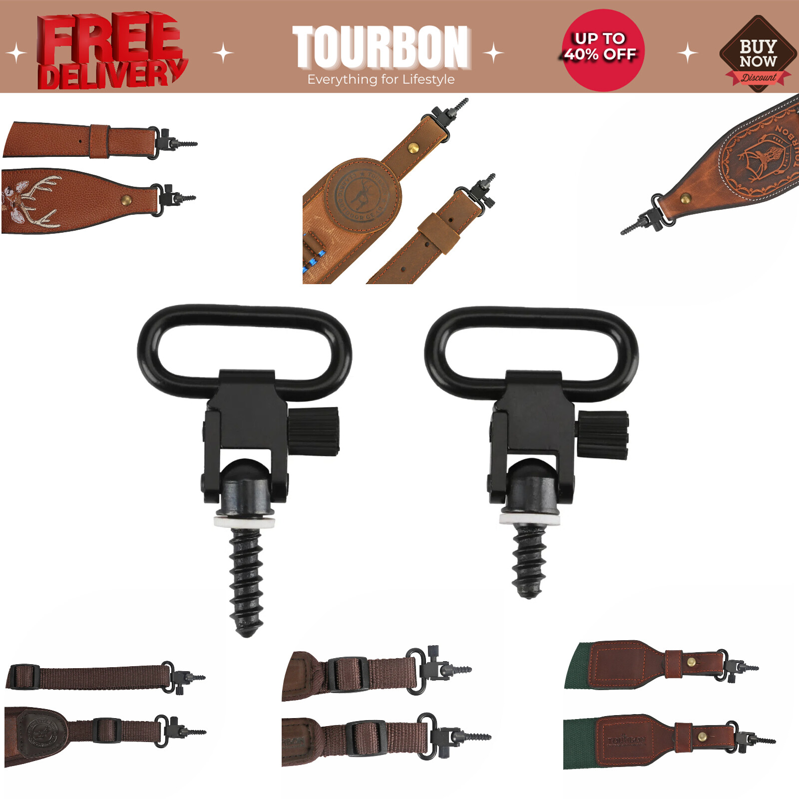 Tourbon 1 Pair Sling Swivels Quick Release Shotgun/Rifle Mounted w/Screws Studs