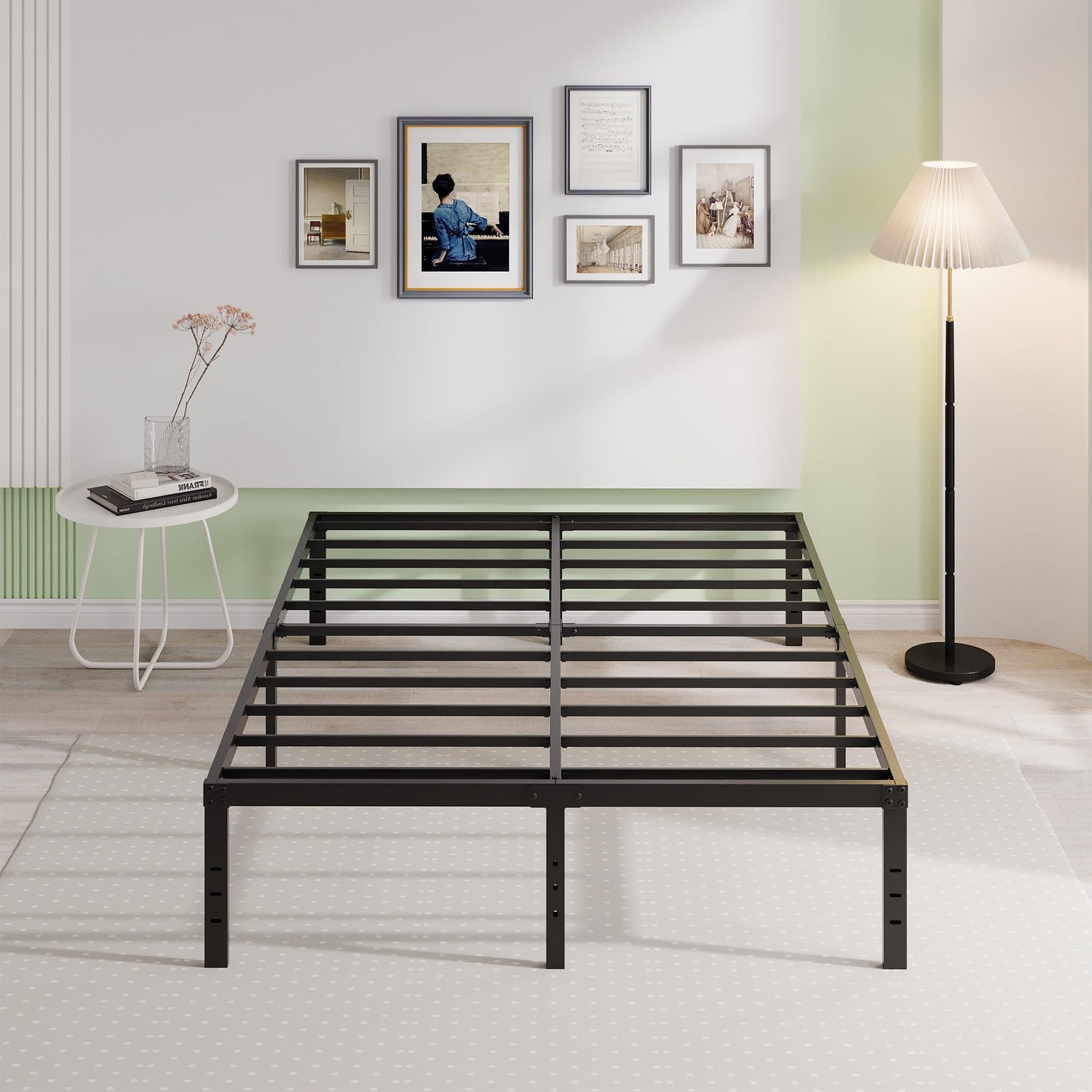 Queen Bed Frame, 18 Inch Metal Platform, No Box Spring, Storage, Black