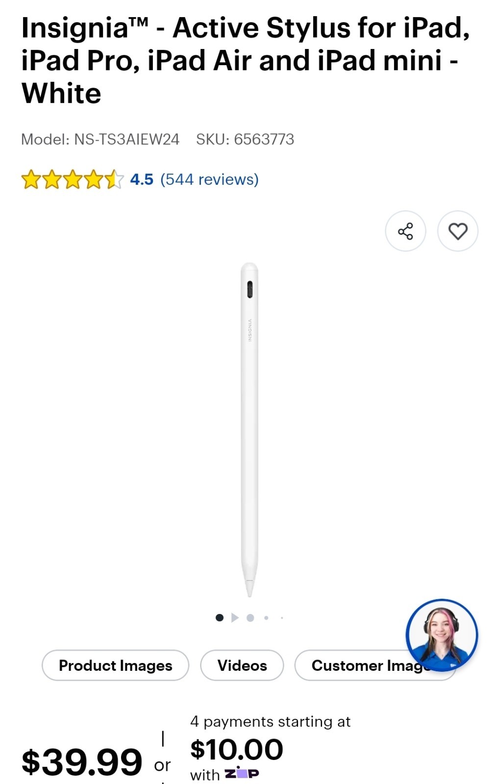 Insignia Active Stylus NS-TS3AIEW24 White for iPad Pro/Air/mini Magnetic