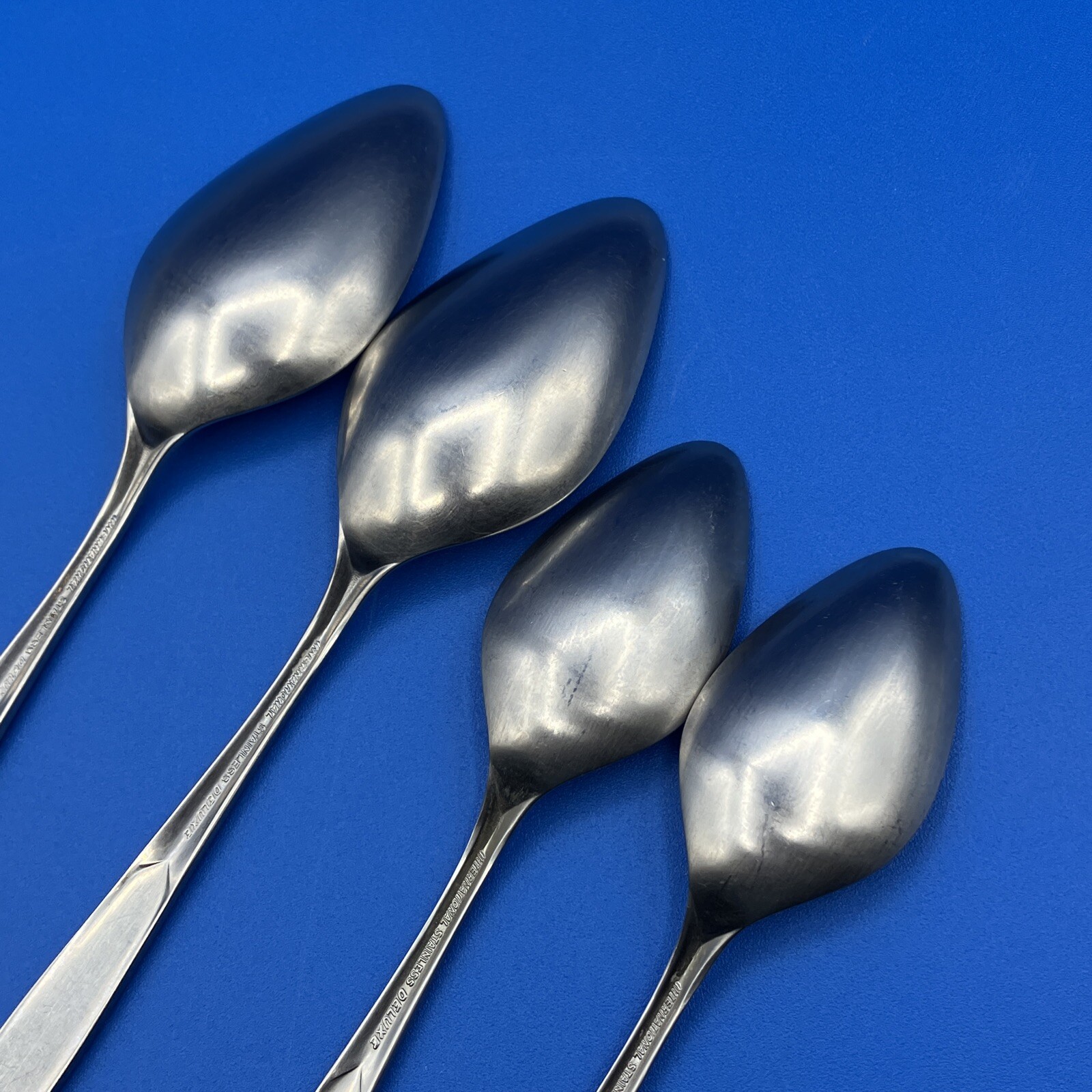 (4)International Deluxe SATURNA Satin Stainless SPOONS Burnished Handle Flatware