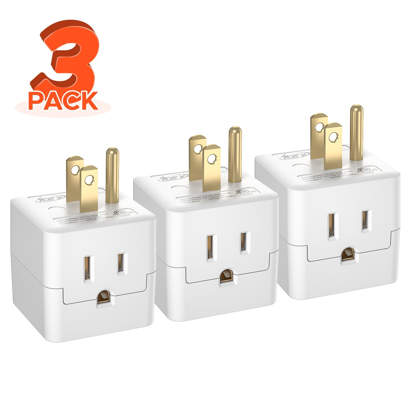 [ETL Listed] 3 Outlet Extender Indoor Grounded AC Power Wall Tap Adapter Plug
