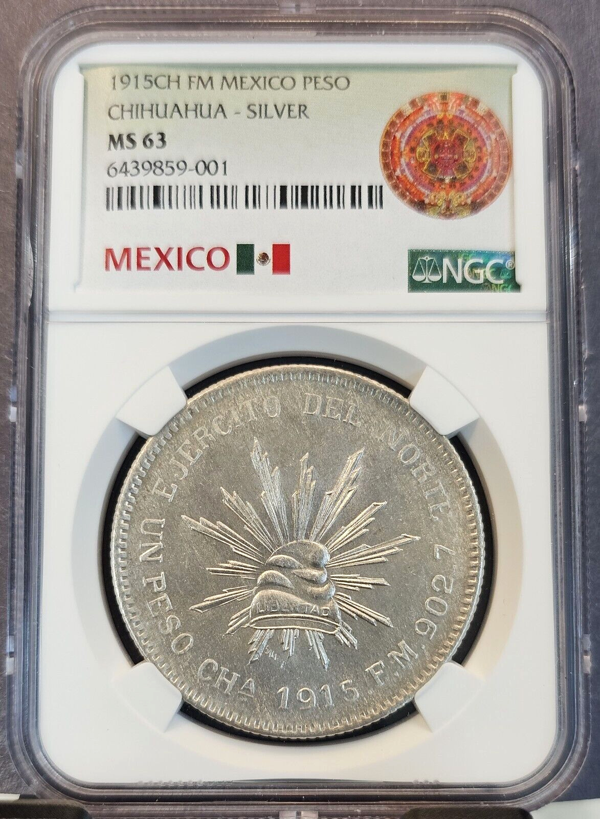 1915 MEXICO SILVER 1 PESO CHIHUAHUA VILLA ISSUE REVOLUTION NGC MS 63 RARE