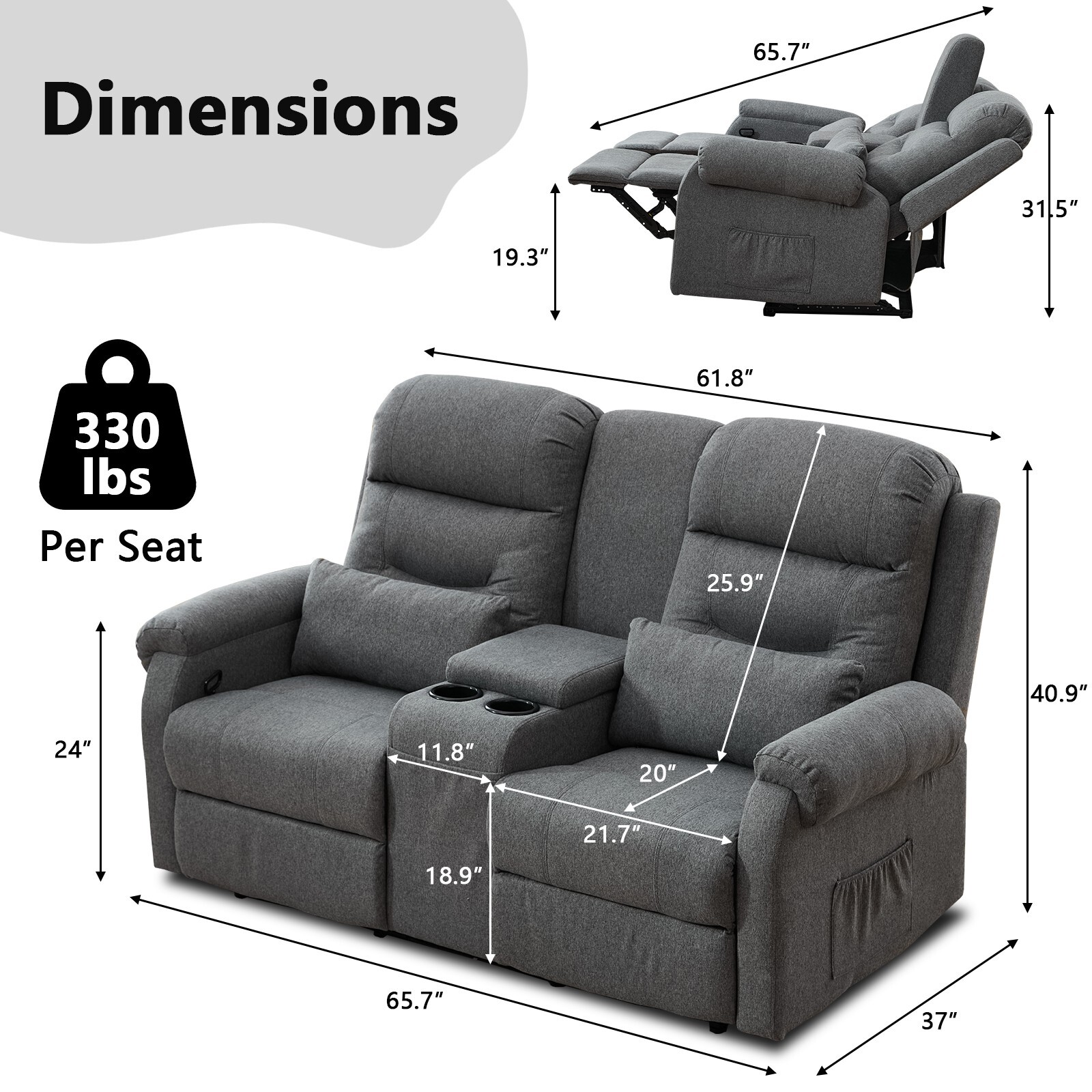 Manual Loveseat Recliner Home Theater Seating Reclining Sofa w/Storage Console
