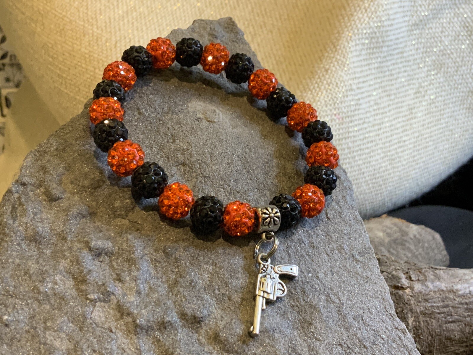 Shamballa Stackable Bracelet 8mm Handmade With Silver Pistol Charm