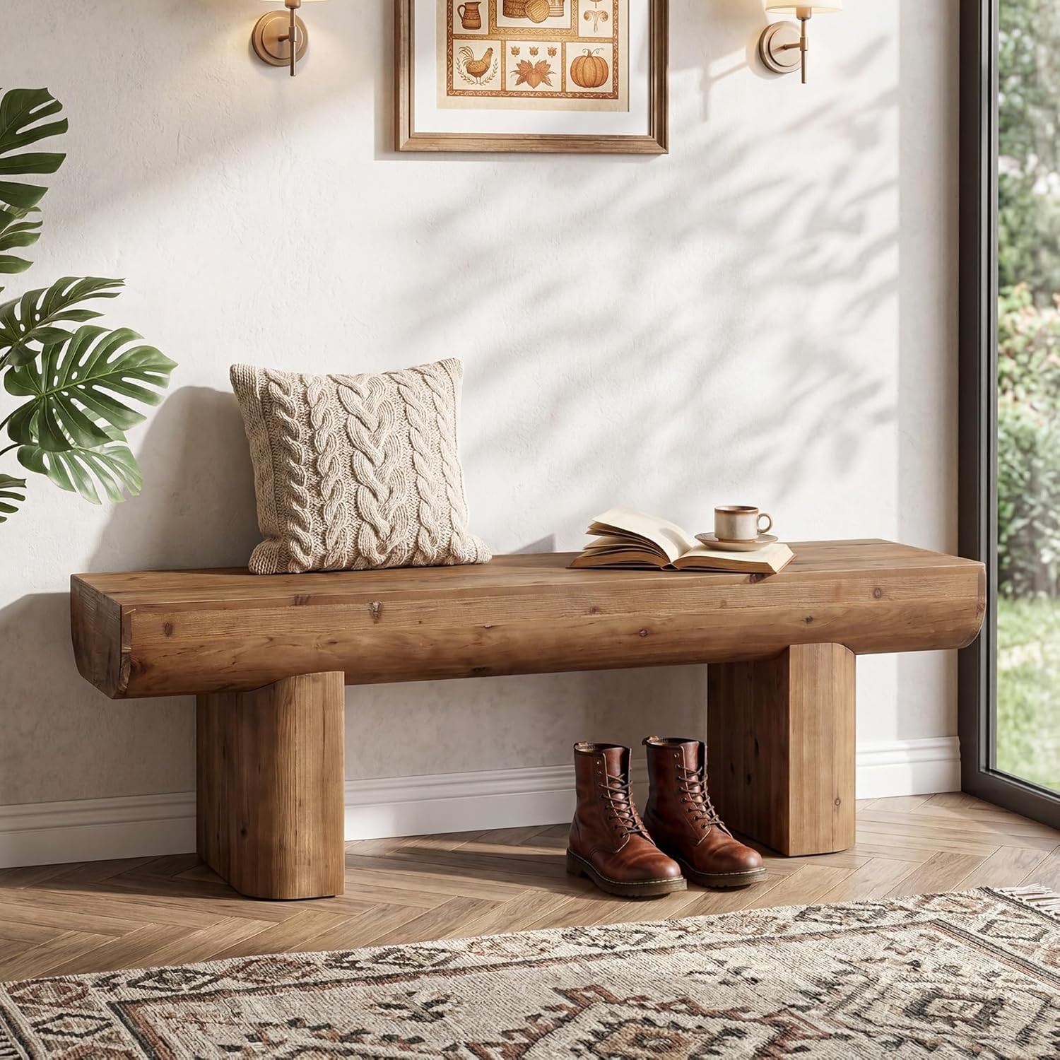 55'' Solid Wood Entryway Bench, Rustic Brown Wooden End of Bed Bench for Bedroom