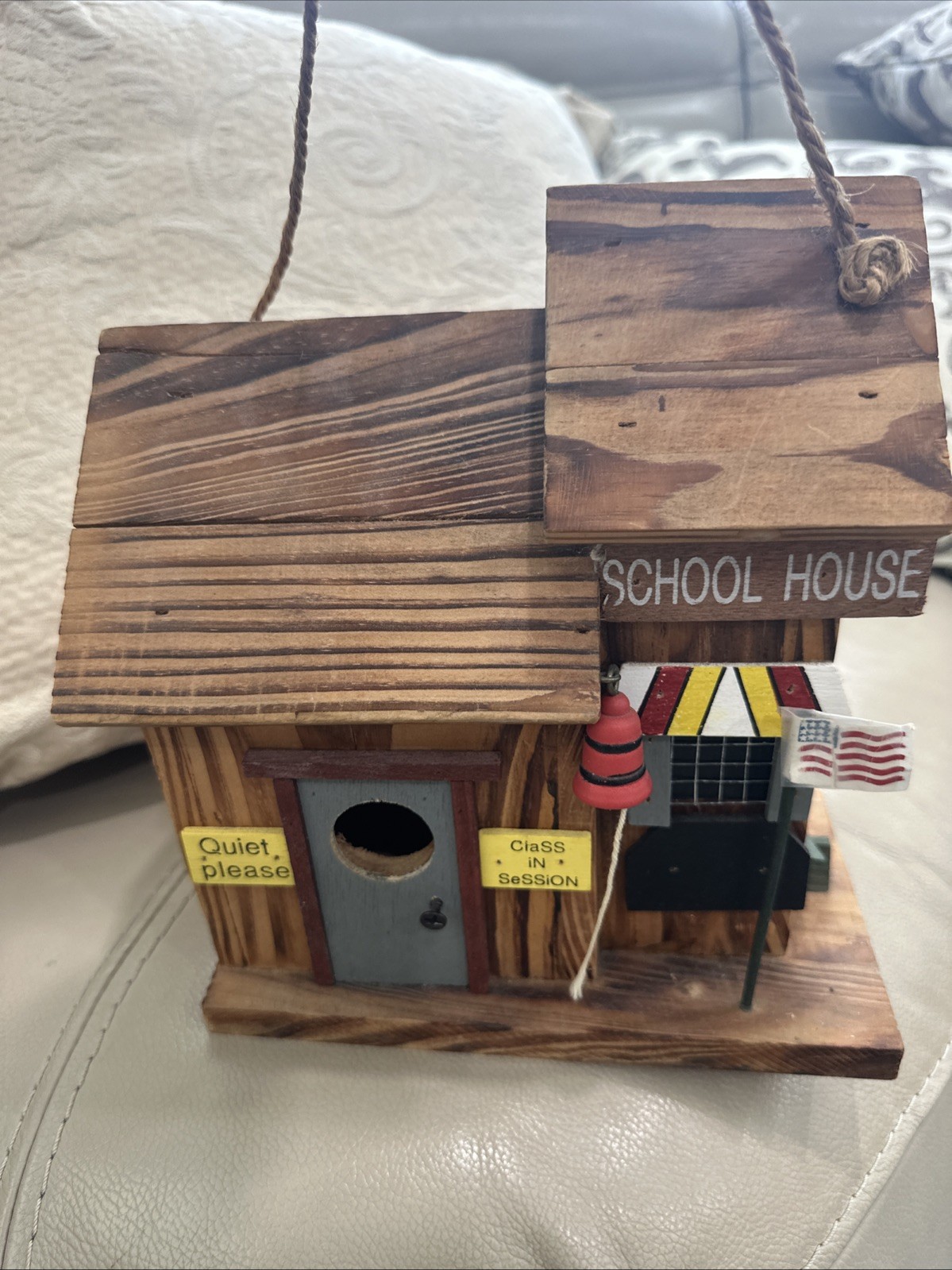 Vtg Handmade Wooden School House Birdhouse Rustic Country Folk Art Hanging Decor