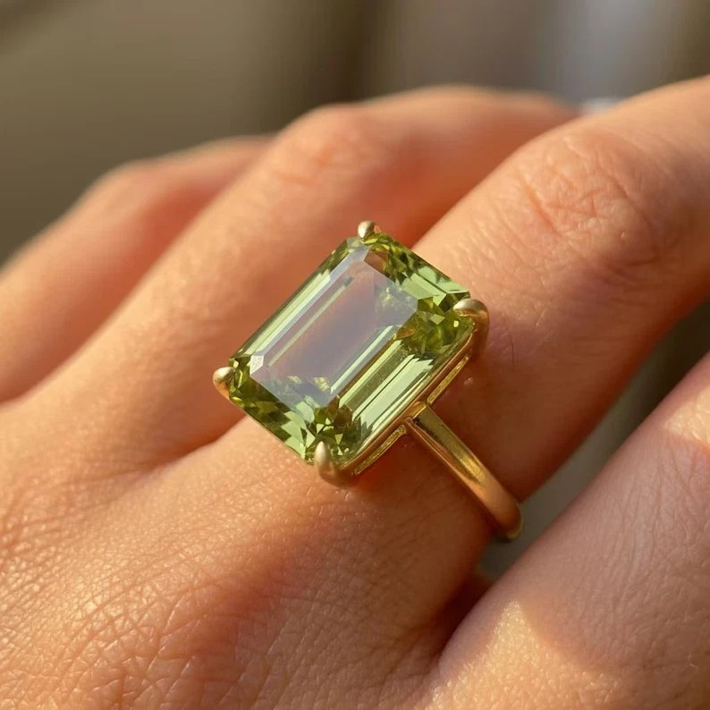 6.00 Ct Emerald Cut Natural Peridot Wedding Ring 14K Solid Yellow Gold