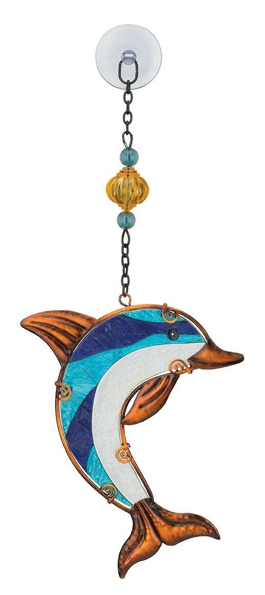 Dolphin Glass Metal Hanging Sun Catcher NEW blue ocean sea white art water