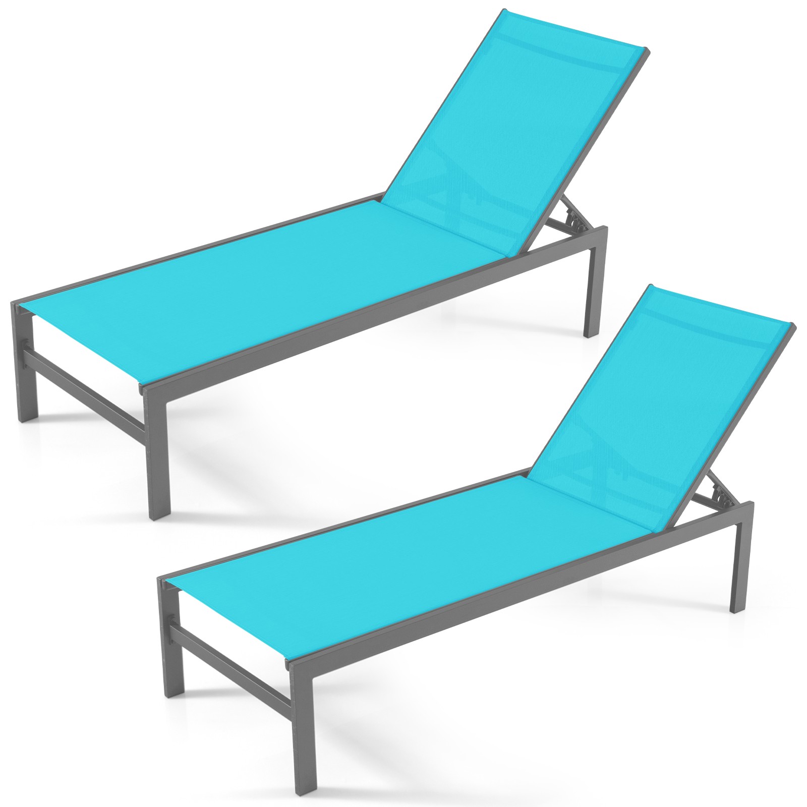 2PCS Patio 6-Position Lounge Chair Chaise Aluminium Adjust Recliner, Turquoise