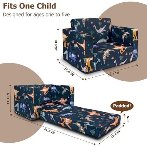 Kids Couch, 2-in-1 Kids Fold Out Couch, Convertible Kid Sofa to Dinosaur