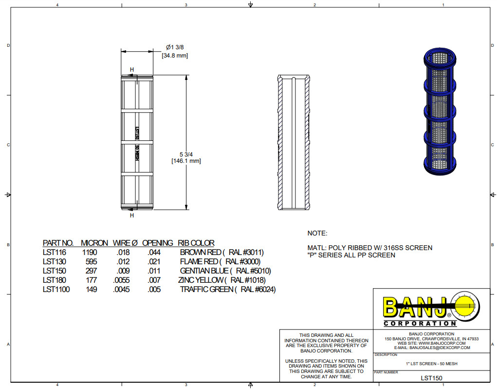Banjo 50 Mesh Replacement Screen for 1" Line Strainers - LST150