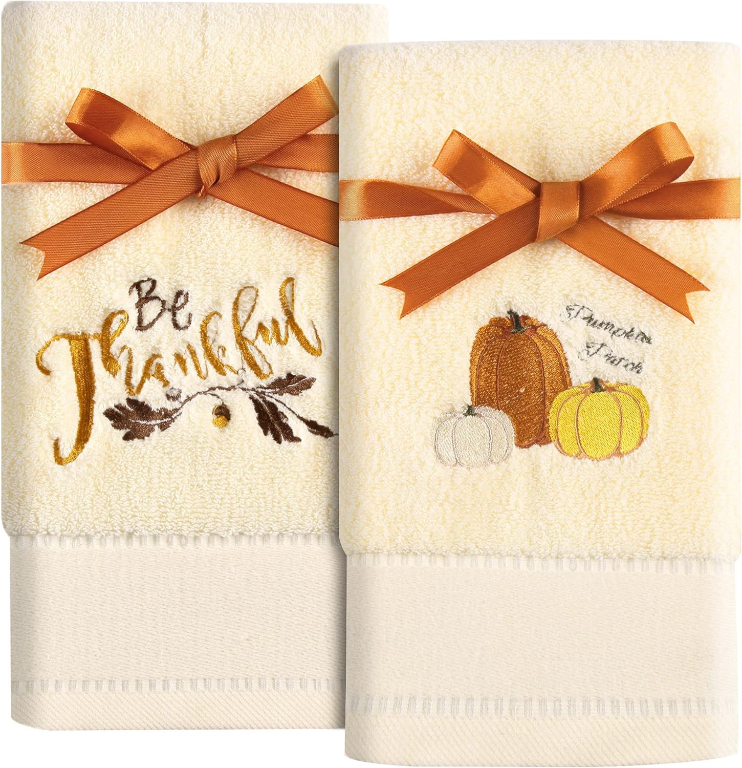 2 Pack Pumpkin Thanksgiving Hand Towels Embroidered Premium Yellow Pumpkin